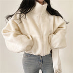 Damen kuschelige Fleece-Jacke mit hohem Kragen und Reißverschluss