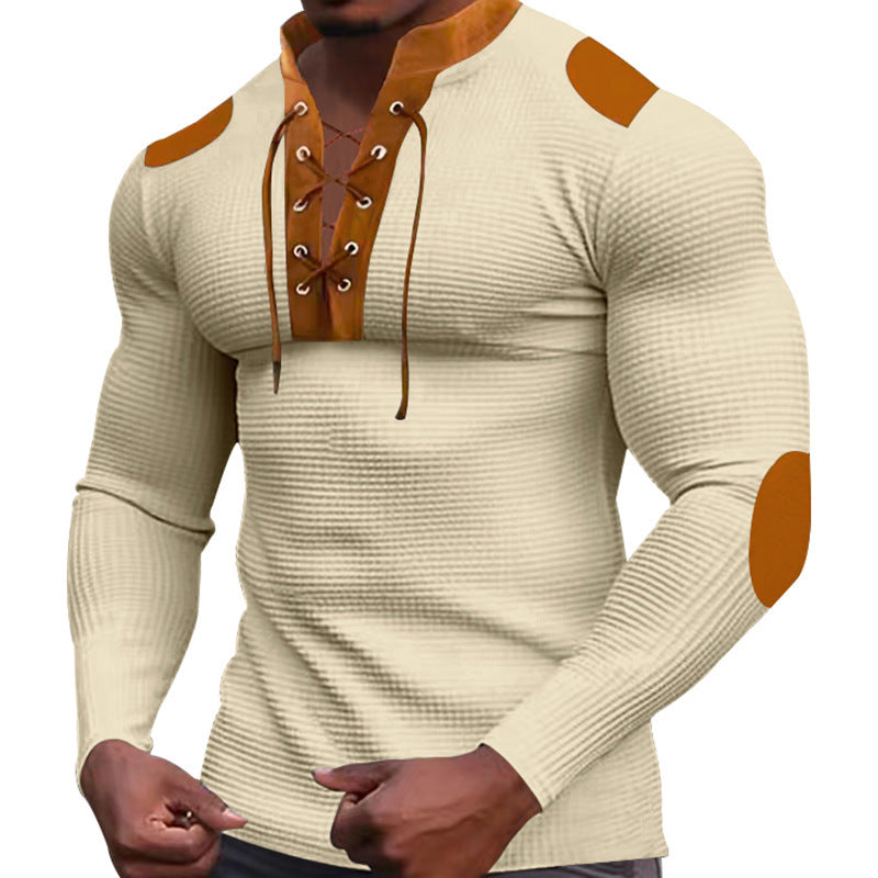 Herren Langarm-Henley-Shirt mit strukturiertem GewR&Be und modischem Schnürdesign R&B