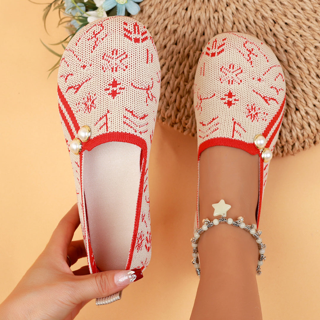 Damen Ballerinas mit modischem Ethno-Muster und dekorativen Perlen R&B