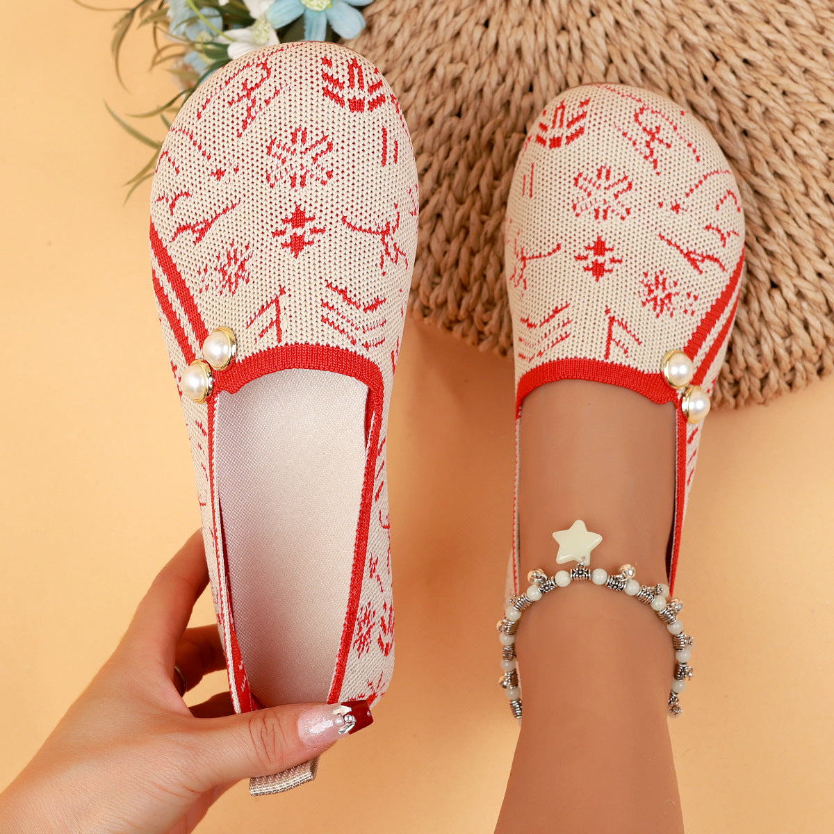 Damen Ballerinas mit modischem Ethno-Muster und dekorativen Perlen R&B