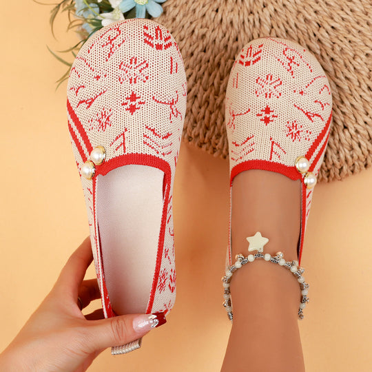 Damen Ballerinas mit modischem Ethno-Muster und dekorativen Perlen R&B