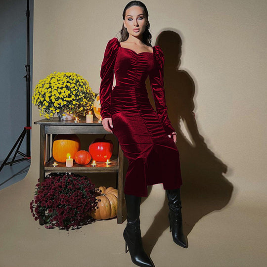 Damen Midikleid mit Puffärmeln und elegantem Taillierungsdesign R&B