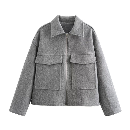 Damen lässige Wolljacke mit praktischen Pattentaschen und Reißverschluss R&B