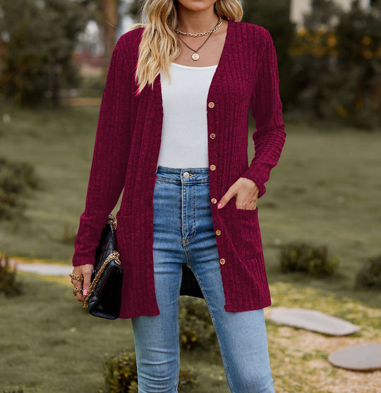 Damen Strickjacke mit langen Ärmeln und praktischen Taschen R&B