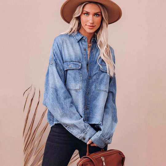 Damen Lässige Denimbluse mit Fransen und aufgesetzten Taschen R&B