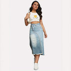 Damen Denim-Midi-Rock mit asymmetrischem Schnitt und fransigem Saum R&B