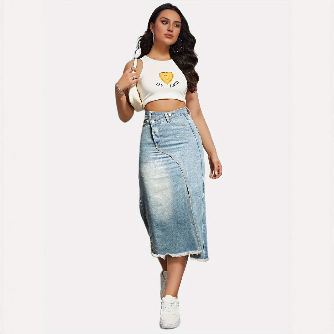 Damen Denim-Midi-Rock mit asymmetrischem Schnitt und fransigem Saum R&B