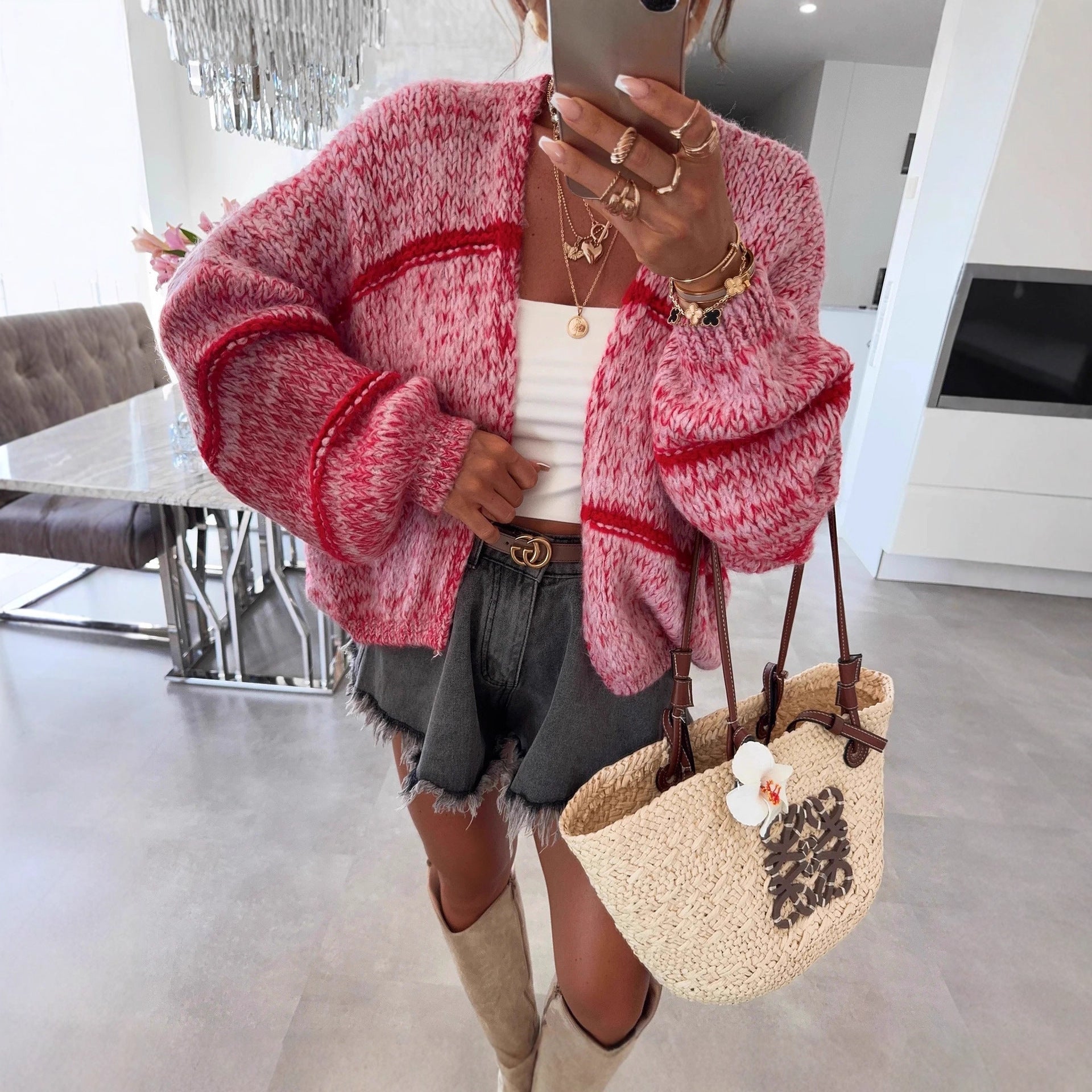Damen Grobstrickjacke mit lässigem Schnitt und modischem Streifenmuster R&B