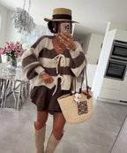 Damen lockere Strickjacke mit breiten Streifen und Bindegürtel R&B