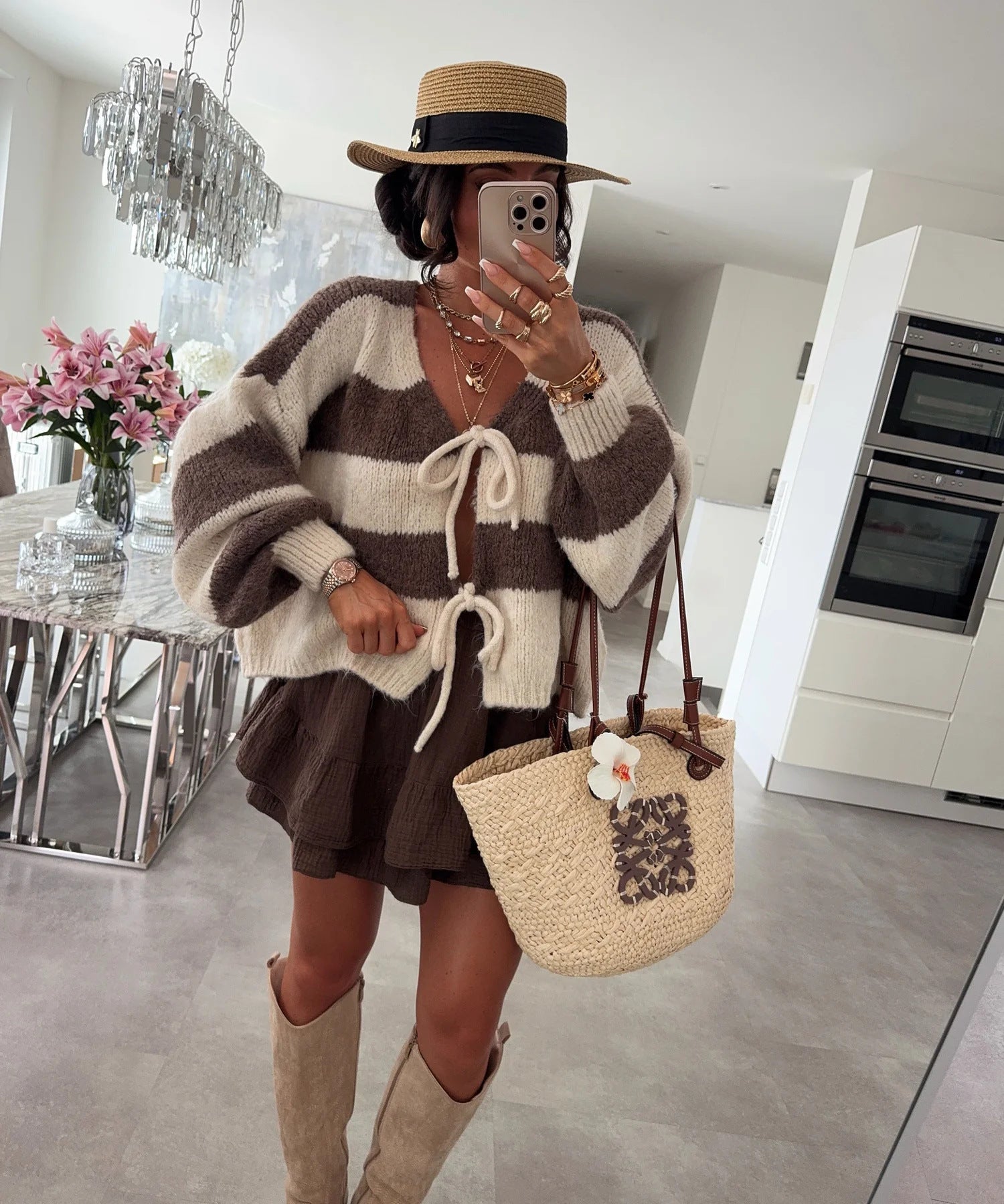 Damen lockere Strickjacke mit breiten Streifen und Bindegürtel R&B