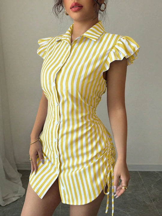 Damen gestreiftes Hemdkleid mit Rüschendetails und taillierter Passform R&B