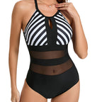 Damen Sportlicher Einteiler Badeanzug mit Netzdetails R&B