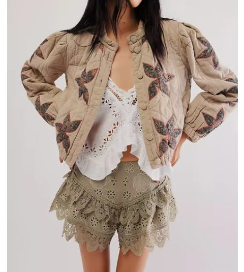 Damen gesteppte Bomberjacke mit floralem Design und elastischen Bündchen R&B