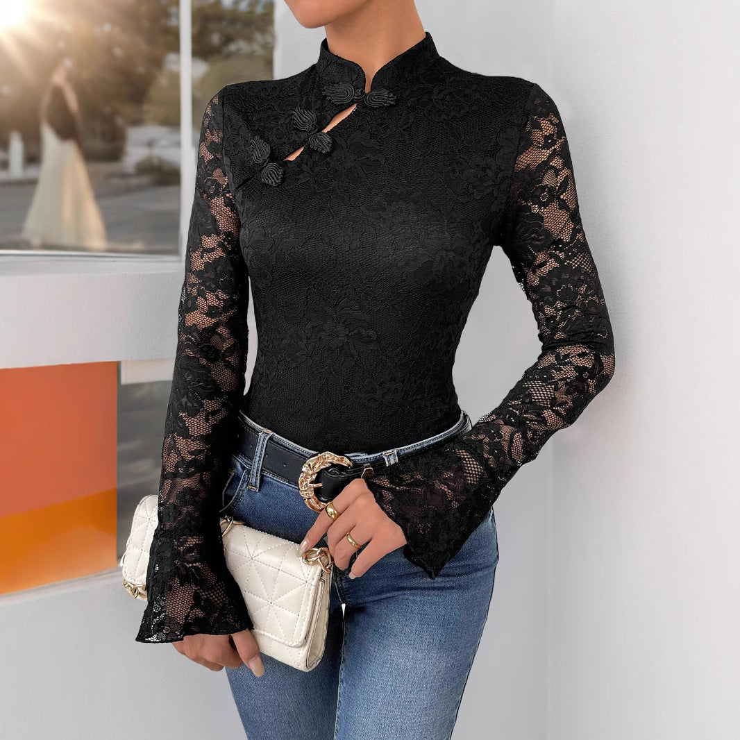 Damen Spitzenbody mit elegantem Stehkragen und langem Ärmel R&B