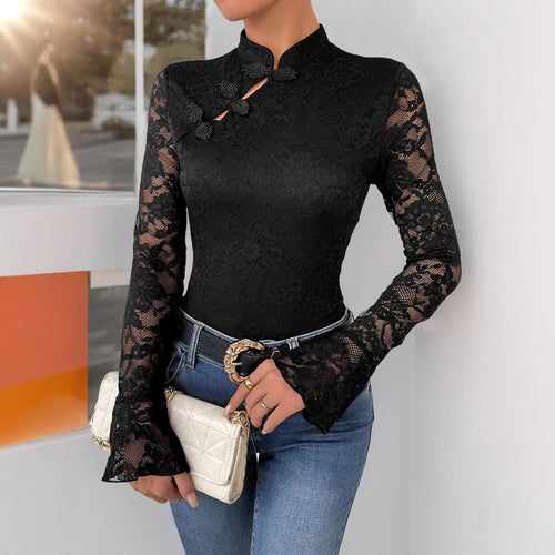Damen Spitzenbody mit elegantem Stehkragen und langem Ärmel R&B