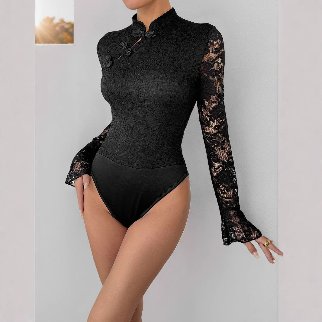 Damen Spitzenbody mit elegantem Stehkragen und langem Ärmel R&B