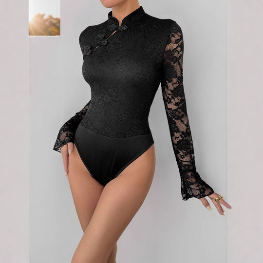 Damen Spitzenbody mit elegantem Stehkragen und langem Ärmel R&B