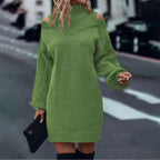 Damen Strickkleid mit kaltem Schulterdesign und Zopfmuster