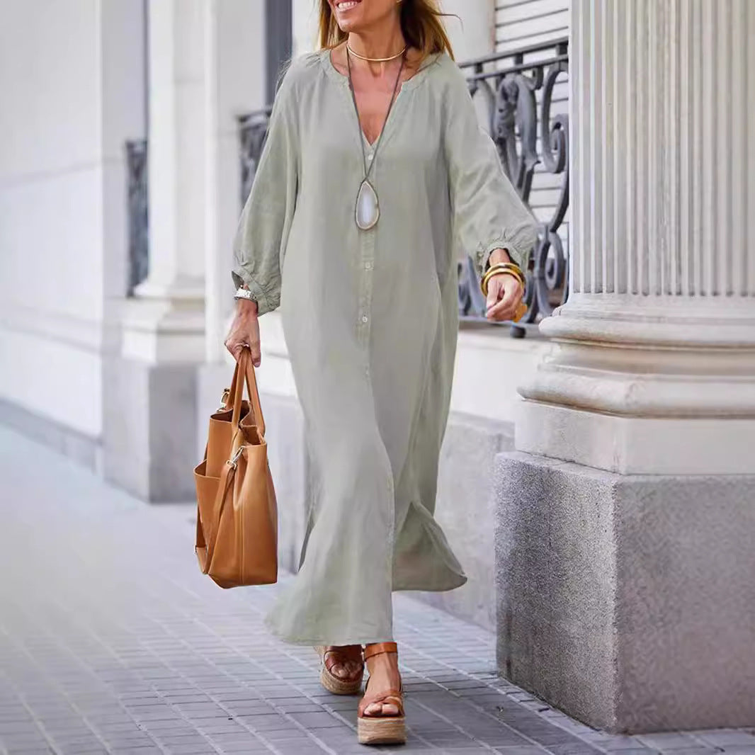 Damen Maxikleid mit Knöpfen und eleganten Ärmeln R&B