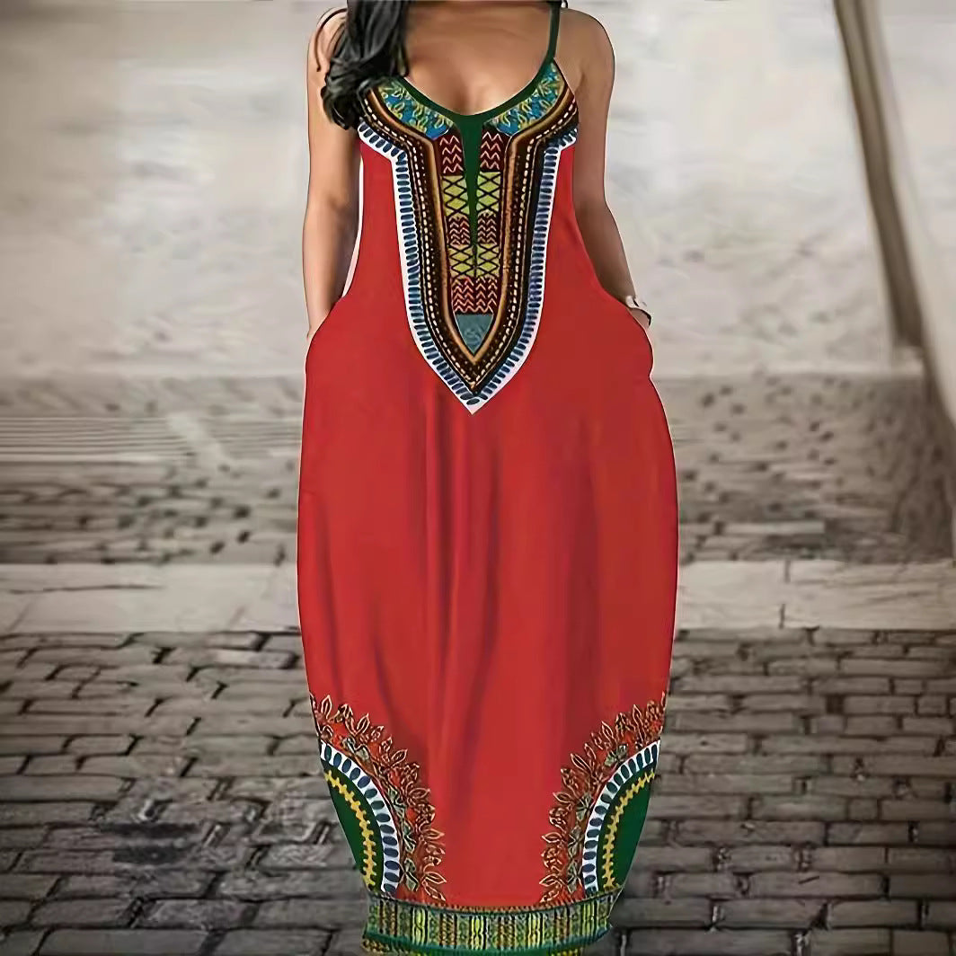 Damen Maxikleid mit modernem ethnischen Druck und praktischen Seitentaschen R&B
