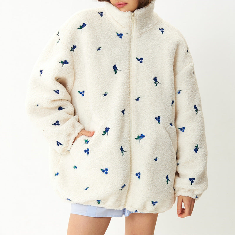 Damen kuschelige Fleecejacke mit Blumenstickerei R&B