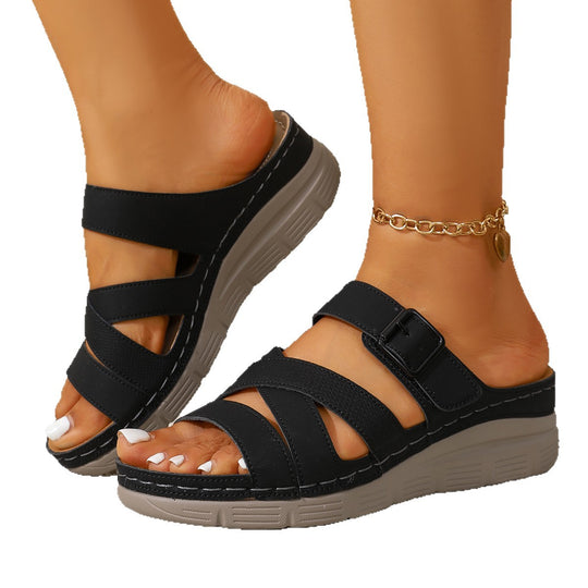 Damen komfortable Wedge-Pantoletten mit atmungsaktiver Sohle R&B