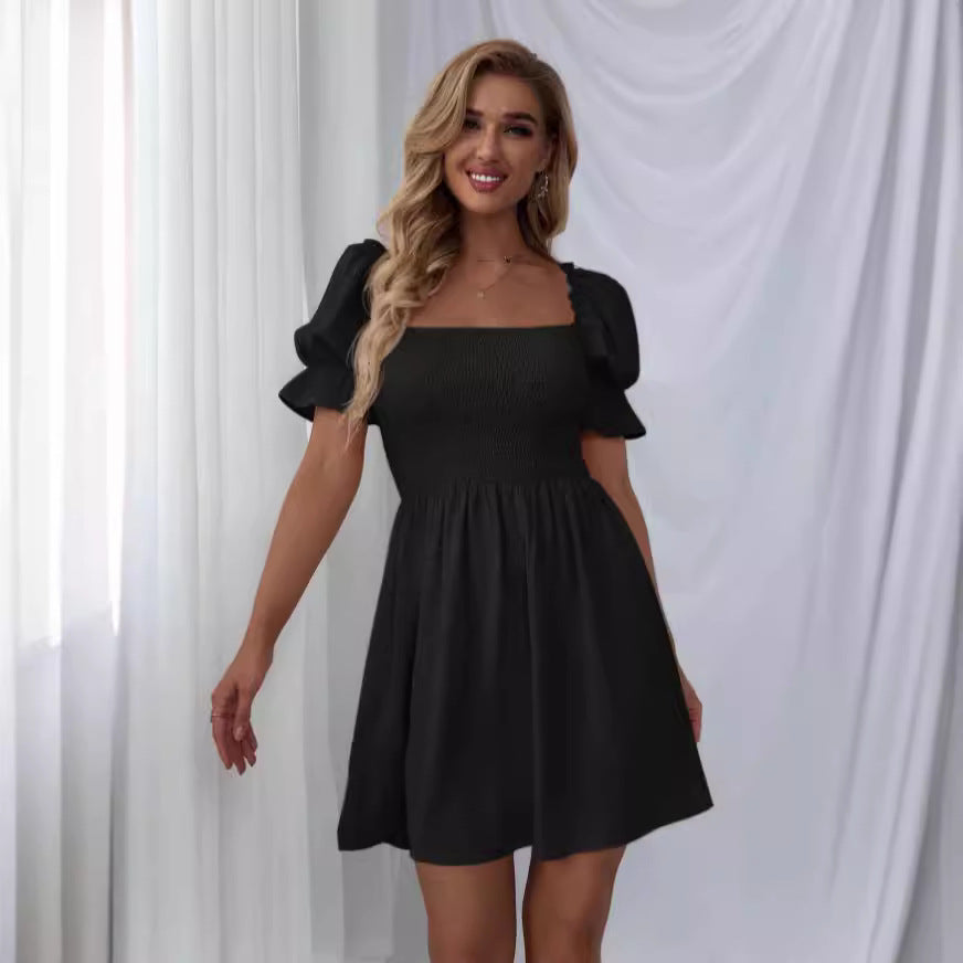 Damen kurzes Kleid mit Puffärmeln und gerafftem Oberteil R&B