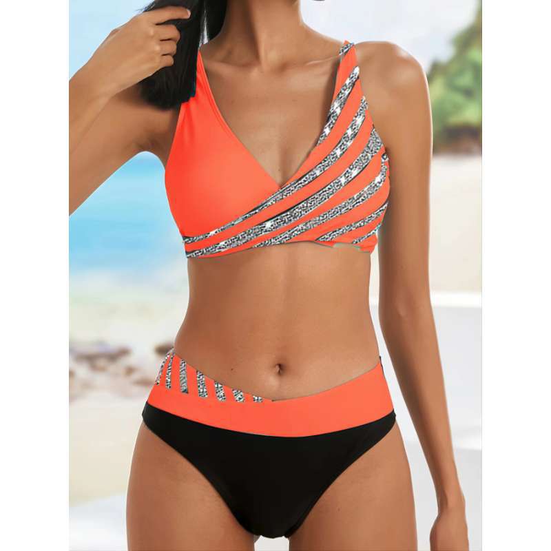 Damen Sportlicher Badeanzug mit kreativen Streifen R&B
