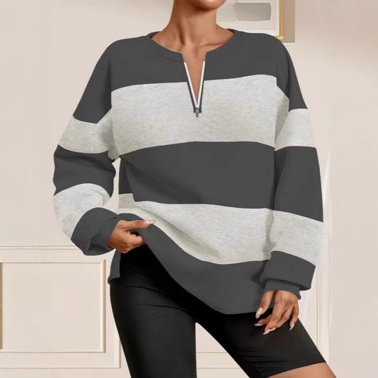 Damen Langarm Sweatshirt mit modernem Reißverschluss und gestreiftem Design R&B