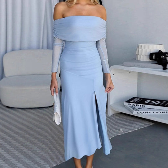 Damen Schickes Maxikleid mit schulterfreiem Design und seitlichem Schlitz R&B