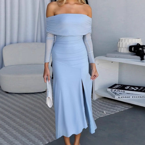 Damen Schickes Maxikleid mit schulterfreiem Design und seitlichem Schlitz R&B
