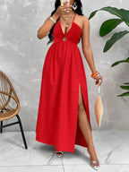 Damen Maxikleid mit tiefem V-Ausschnitt und seitlichem Schlitz R&B