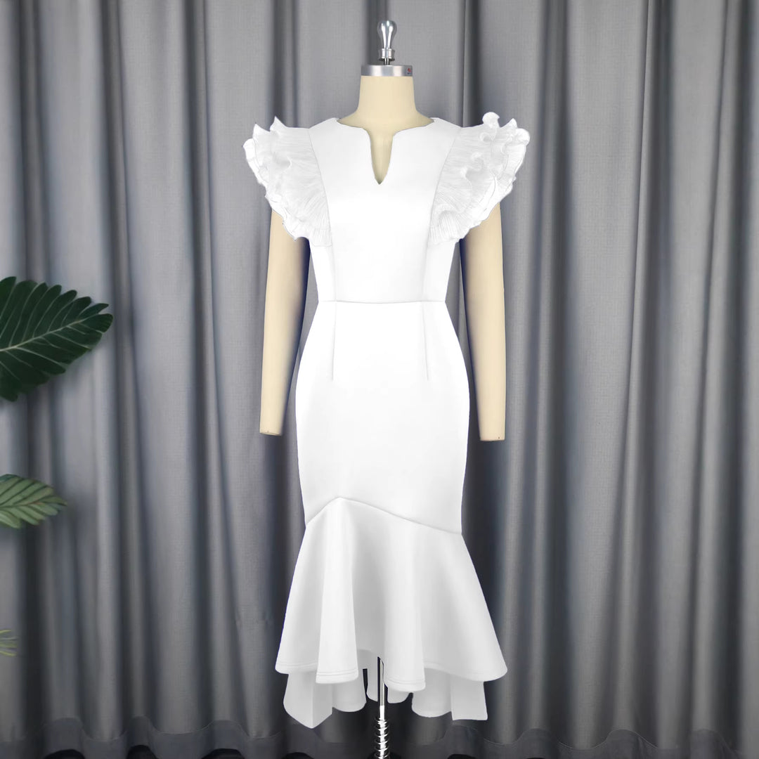 Damen figurbetontes Kleid mit voluminösen Rüschenärmel R&B
