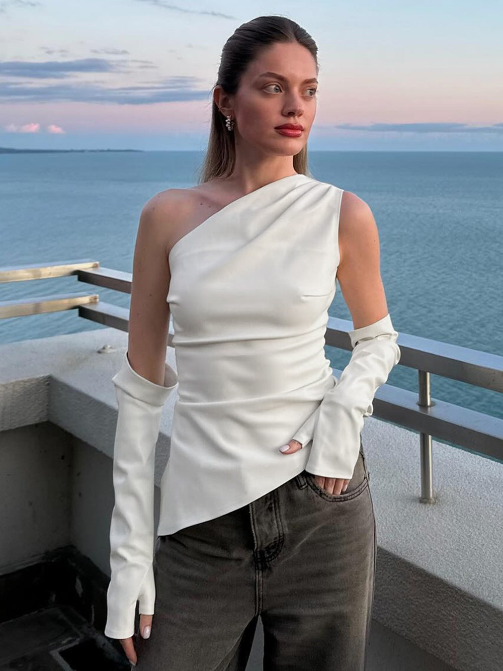 Damen asymmetrisches Top mit langen Ärmeln R&B