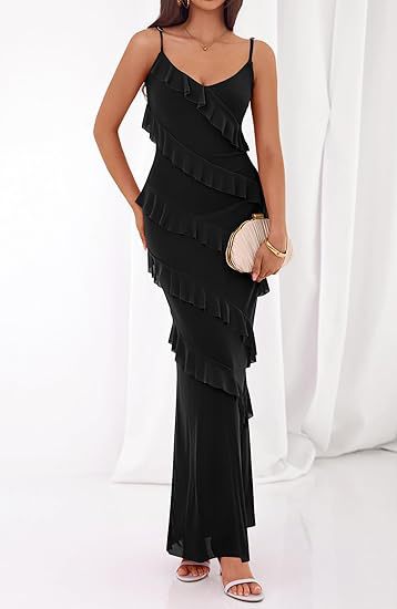 Damen Maxikleid mit Rüschen und Spaghettiträgern R&B
