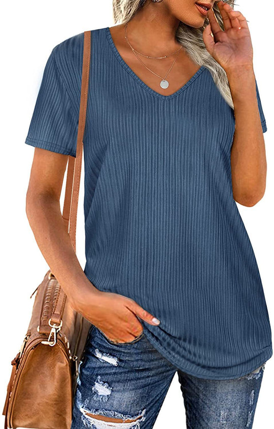 Damen Viskose T-Shirt mit feinem Rippstrickmuster und lässigem V-Ausschnitt R&B