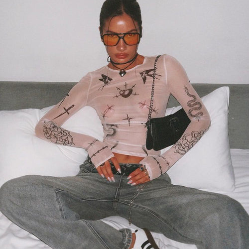 Damen Langarmshirt mit detailliertem Tattoo-Print R&B