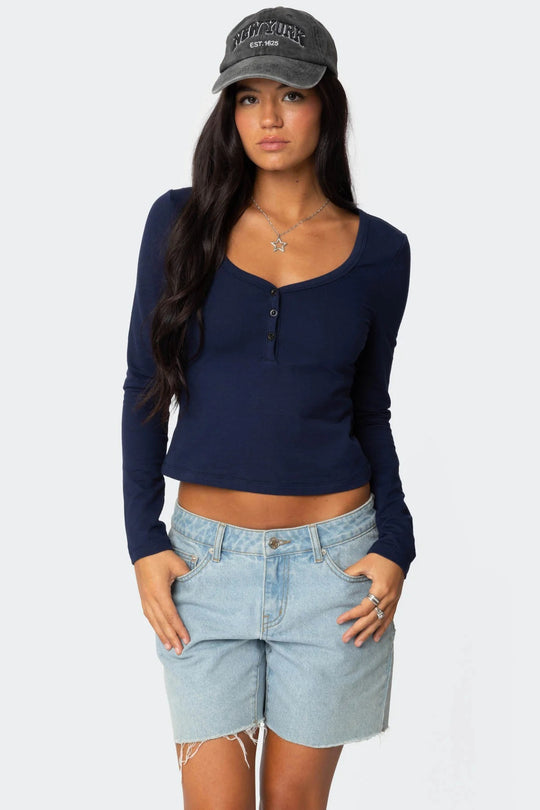 Damen Cropped Langarmhemd mit Knopfleiste und weichem Stoff R&B