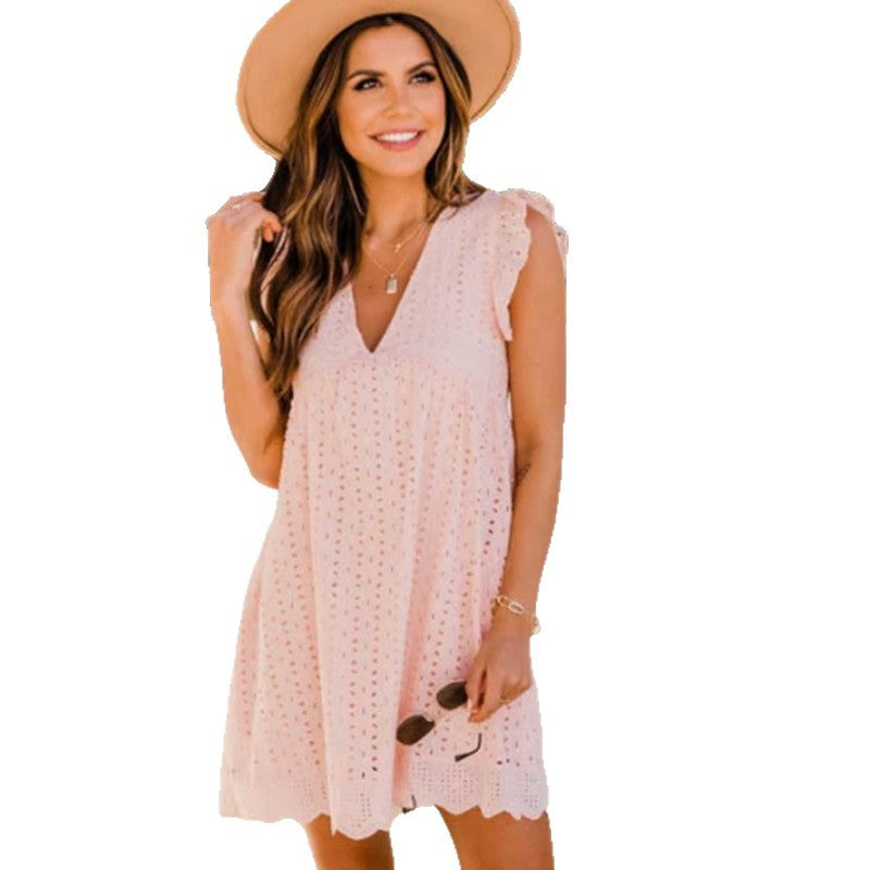 Damen nan Broderie-Anglaise Minikleid mit V-Ausschnitt Volantärmeln und Eingrifftaschen R&B