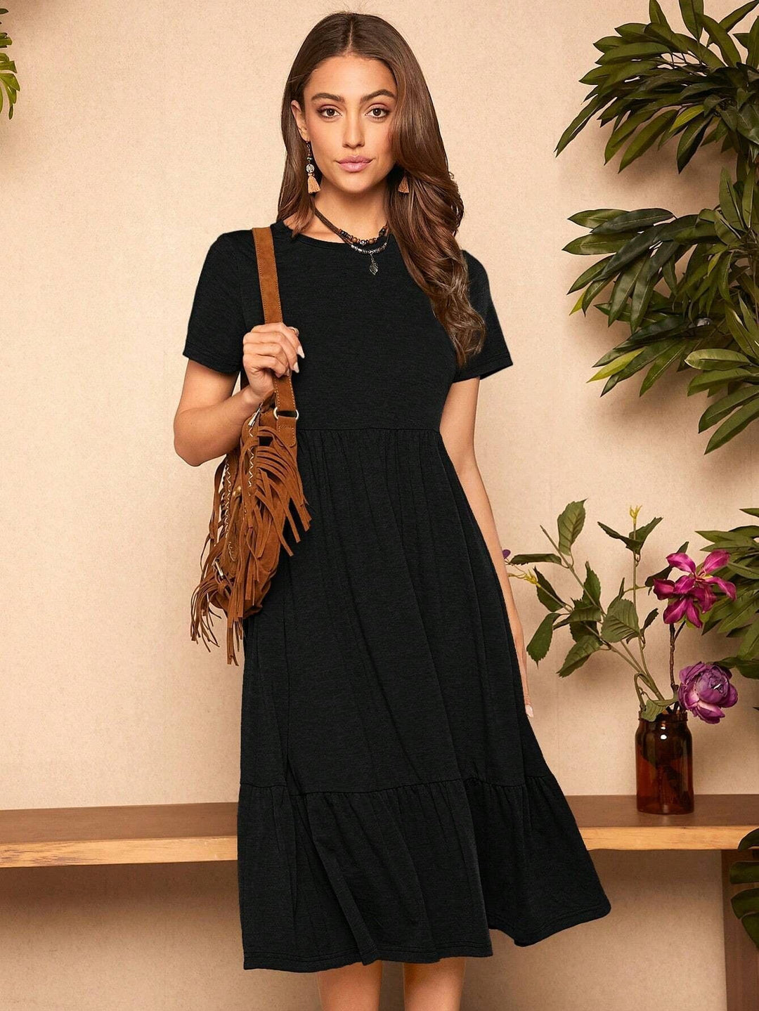 Damen lässiges T-Shirt-Kleid mit lockerer Passform und Rüschensaum R&B