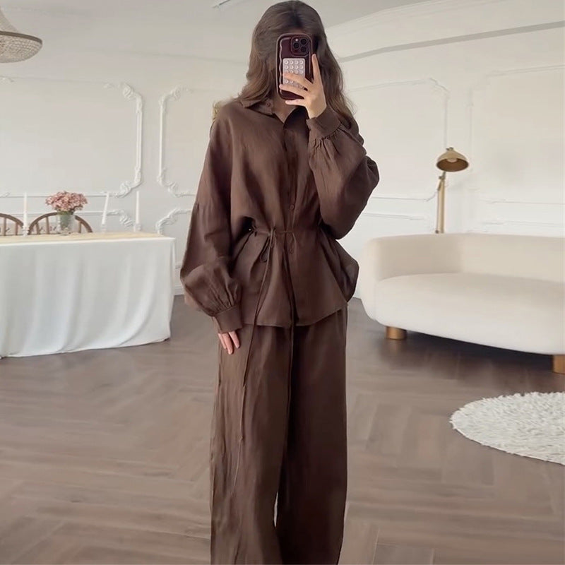 Damen lässiges Leinen-Loungewear-Set mit taillierter Bluse und weiten Hosen R&B