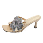 Damen elegante Sandalen mit funkelndem Blumen-Design und komfortablem Absatz R&B