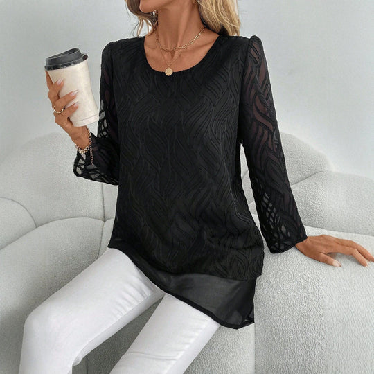 Damen Elegantes Transparente Bluse mit Wellenmuster R&B