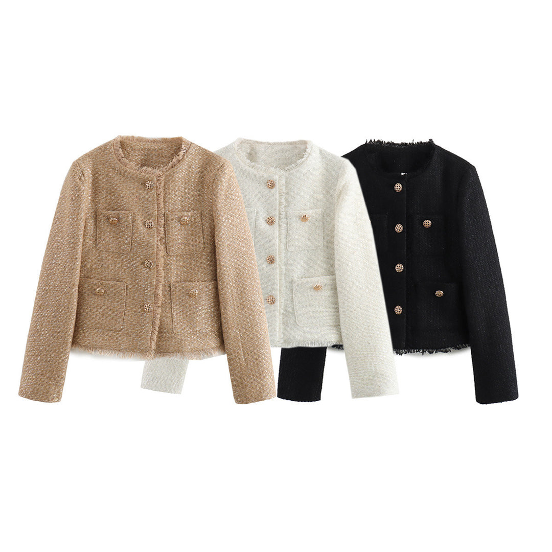 Damen elegante kurz geschnittene Blazerjacke mit strukturiertem Gewebe und goldenen Knopfdetails R&B