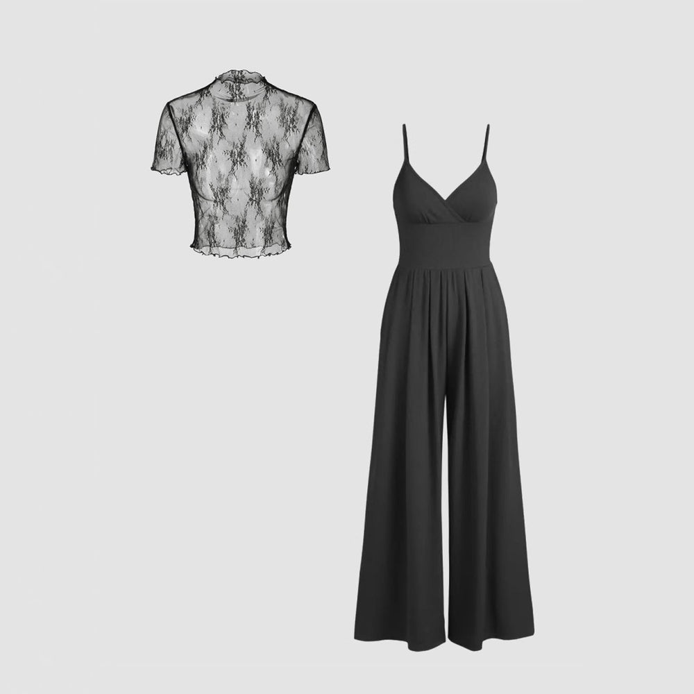 Damen elegantes V-Ausschnitt Jumpsuit mit transparenter Bluse R&B