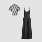 Damen elegantes V-Ausschnitt Jumpsuit mit transparenter Bluse R&B