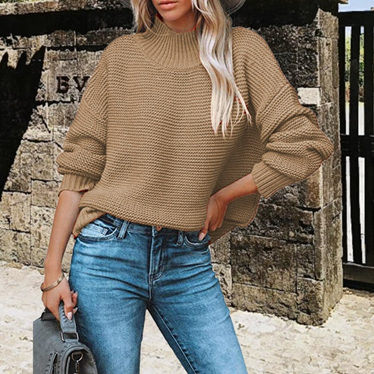 Damen Grobstrickpullover mit hohem Kragen und lässigen Ärmeln R&B