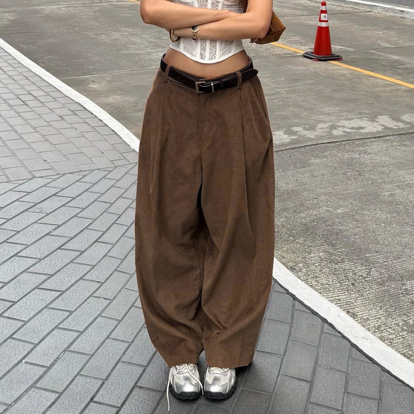 Damen Hochtaillierte Weite Hose mit Faltenwurf R&B