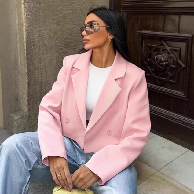 Damen Cropped Blazerjacke mit oversized Ärmeln und Detailknöpfen R&B