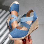 Damen Wedge-Sandalen mit elastischen Kreuzriemen und Bast-Optik R&B